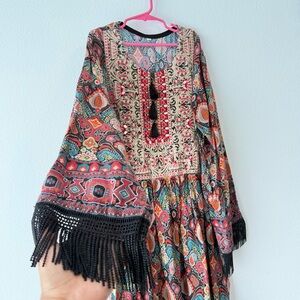 Girls Boho Printed Dress with Fringe & Mirror Details